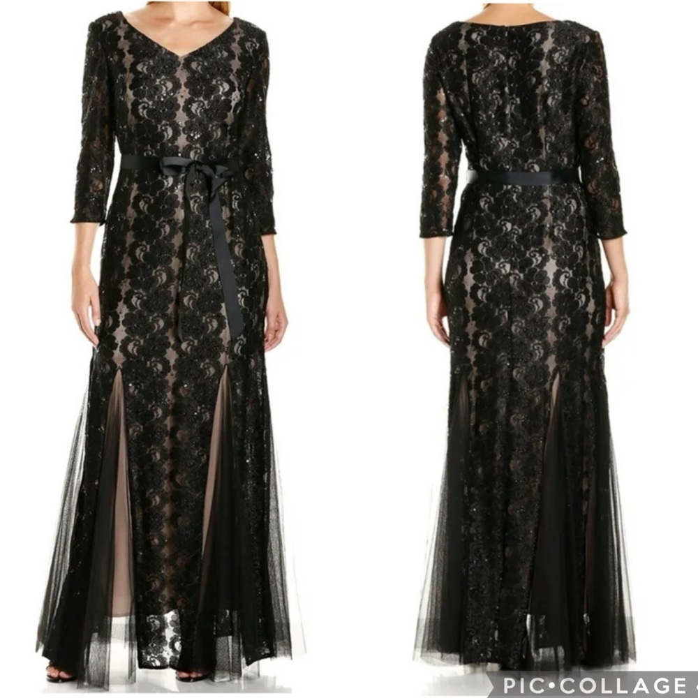 Alex Evenings Sequined Lace Mermaid‎ Gown Black Nude 10